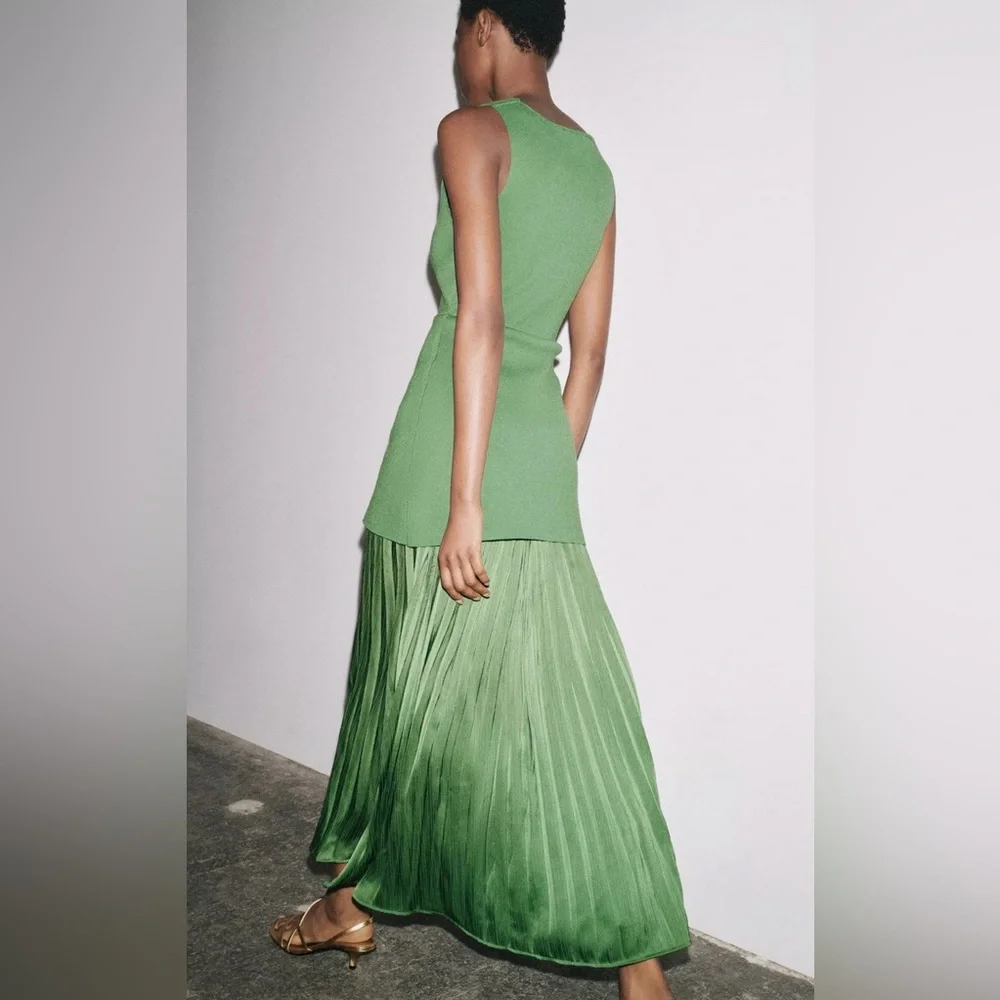 Zara Green Sleeveless Pleated Knit Combination Dress Size L NWT Bloggers’ Fav! - Picture 13 of 16